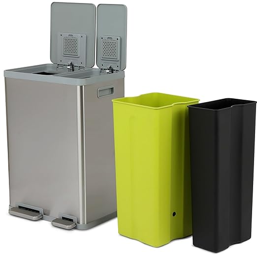 SIMPLI-MAGIC 16 Gallon (38L x 22L) Dual Compartment Step Trash Can – Kitchen Garbage Can with Waste & Recycling Bins – Slow-Close Lid, Odor Control, Hands-Free, Inner Bases, Brushed Stainless Steel