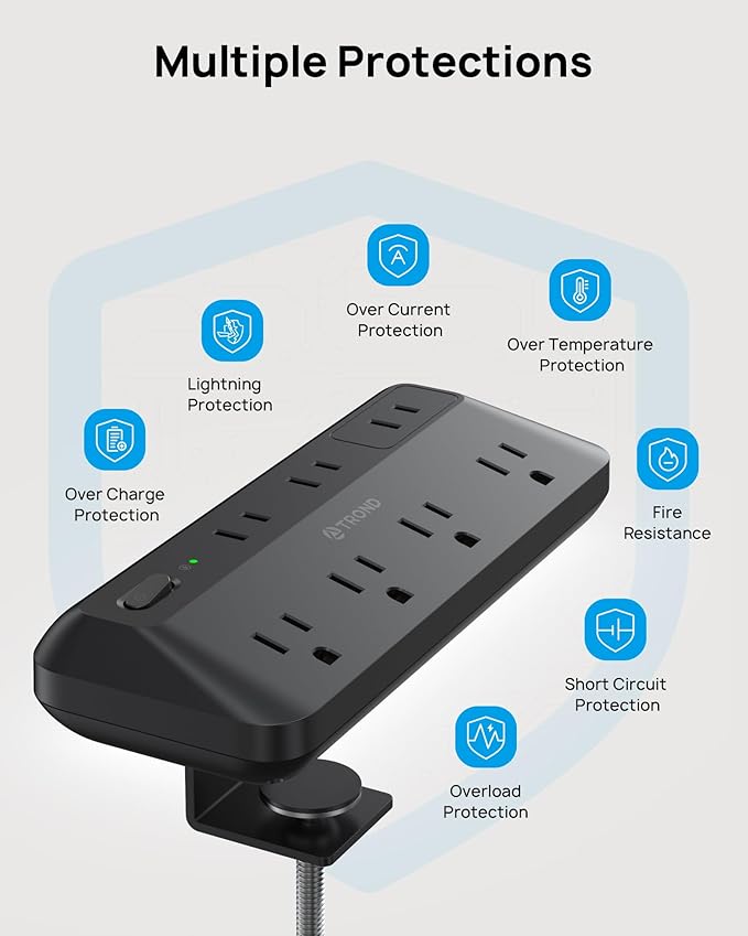 TROND Desk Clamp Power Strip - 1700J Surge Protector with 7 Outlets, Desktop Edge Mount Extension Cord, Fit 1.97" Tabletop, 10FT Flat Plug for Teacher Must Haves, Office, ETL List, Black