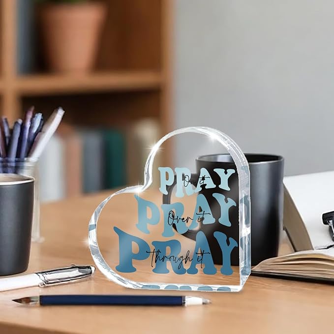 Blue Religious Christian Decor for Woman, Blue Heart Shape Gifts for Birthday Dorm Living Room Church Table Desk Bookshelf, Acrylic Office Desk Accessories Decoration Art Sign-Pray Through It