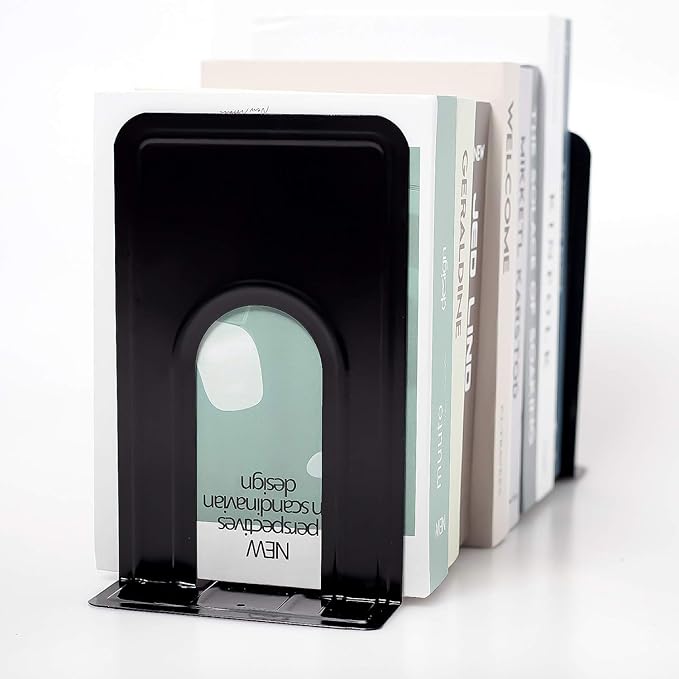 KINJOEK 4 Pairs/8 PCS Heavy Duty Bookends, 8.3x6.5x5.1 Inch Anti Slip Metal Book Ends for Books, Magazines, DVDs, Home, Office, School, Library, Black