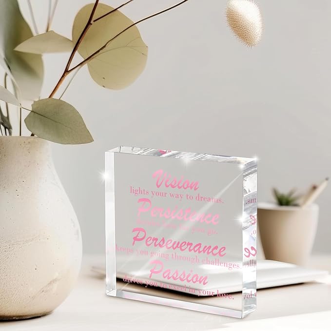 Pink Desk Decor, Inspirational Motivational Gifts, 4x4 Inch Acrylic, Female Home Office Motivational Decor, Girls Dorm Must-Have, Positive Affirmation Gift for Women