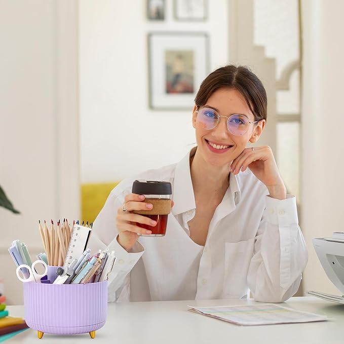 SKYDUE 360 Rotating Purple Pen & Art Supply Organizer - 5 Slot Desk Organizer for Office, School, Home