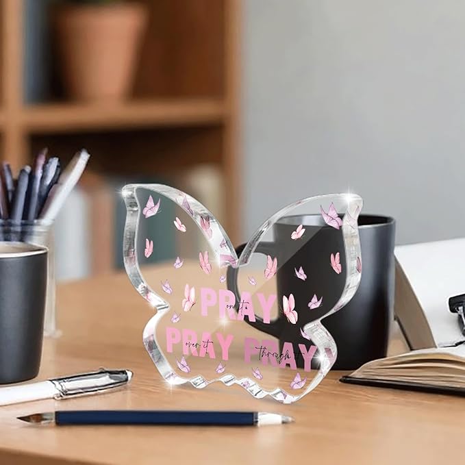 Pink Christian Gifts for Women, Religious Plaques Christian Woman Decor Gifts, Modern Home Office Room Bathroom Bedroom, Pray On It Over It Acrylic Sign for Teacher Boss Friend(Butterfly)