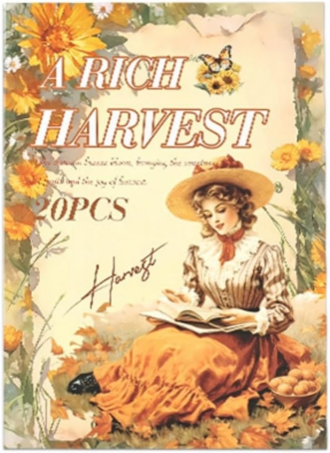 TIAMECH Harvest Overflows Sticker Book - Rich Fall Series, 20 Sheets PET & Washi Stickers for Scrapbooking, Ephemera, Waterproof Junk Journaling Supplies & DIY Crafts (Size 10.5 x 7.1in)
