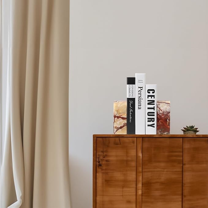 Koville Mexican Natural Marble Bookends for Shelves, Decorative Book Ends, 7lbs Heavy-Duty Marble Book Holders, Bookshelf Apartment Decor for Normal Books/CD/Video Games(Mexico Onyx)