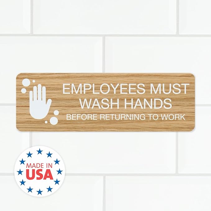 SBLABELS Employees Must Wash Hands Indoor Easy Adhesive Mount Door and Wall Sign for Restaurants and Small Businesses 3" x 9" - Light Wood