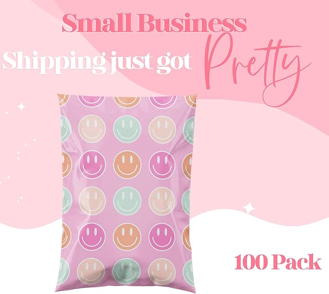 10x13 Designer Poly Mailer 100 Pack Heavy Duty Waterproof Self Seal Shipping Bags for Small Business Large Mailing Envelopes Bulk Tear Resistant Cute Packaging Smiley Face