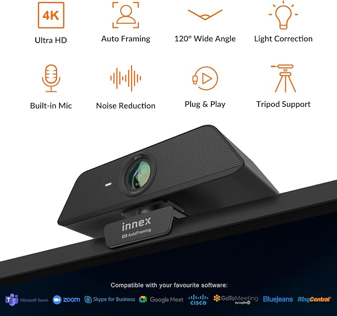 Innex C470 4K Webcam with Microphone, AI Auto-Framing, 5X Digital Zoom, Auto Light Correction, for Zoom, Microsoft Teams, 120 Degree Wide Angle Webcam for PC, Mac, Windows, Video Call, Live Streaming