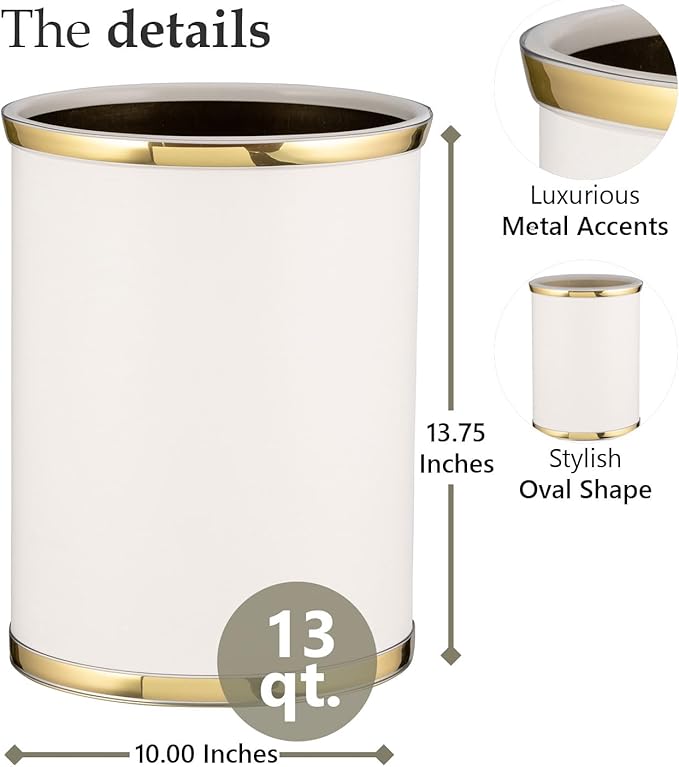 Kraftware 50274 Sophisticates W/Polished 14" Oval Waste Basket Wastebasket, White with Brass