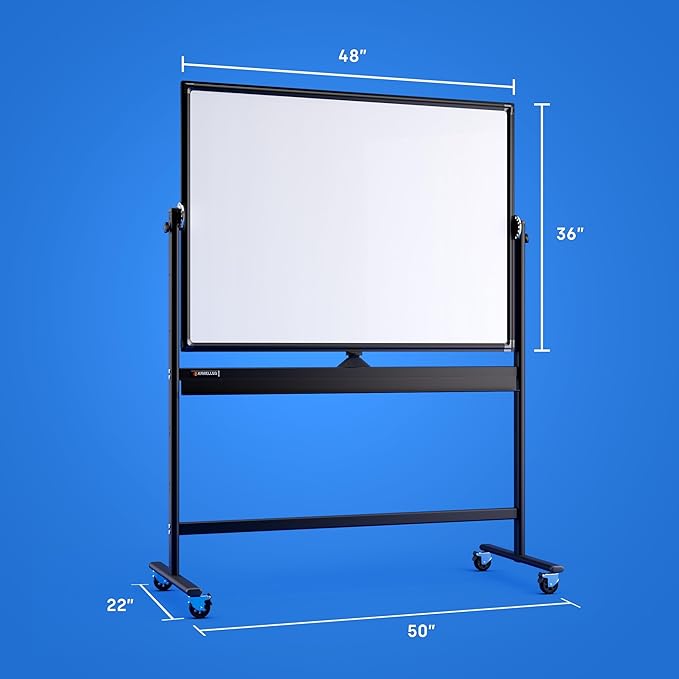 Rolling Dry Erase Board 48 x 36 - Large Portable Magnetic Whiteboard with Stand - Double Sided Easel Style Whiteboard with Wheels - Mobile Standing White Board for Office, Classroom & Home