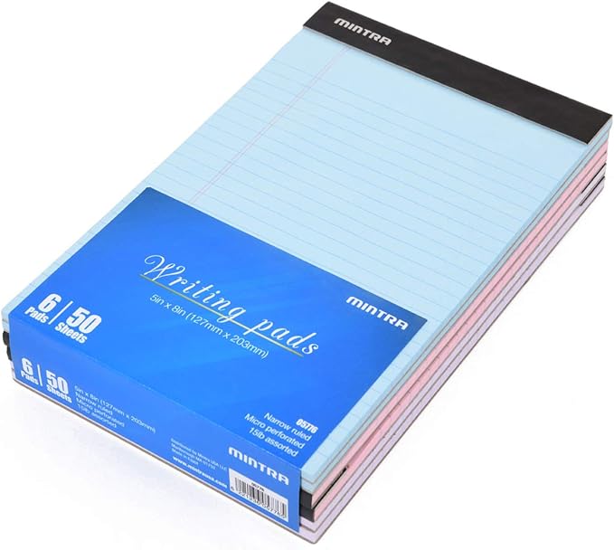 Mintra Office Legal Pads - ((BASIC PASTEL 6pk, 5in X 8in, NARROW RULED)) - 50 Sheets per Notepad, Micro perforated Writing Pad, Notebook Paper for School, College, Office, Professional