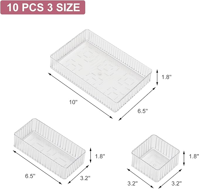 10 Pcs Clear Drawer Organizers, 3 Sizes Stackable Makeup Vanity Drawer Organizer Trays, Dresser Bathroom Desk Drawer Organizers Storage Bins Tray for Jewelry Makeup