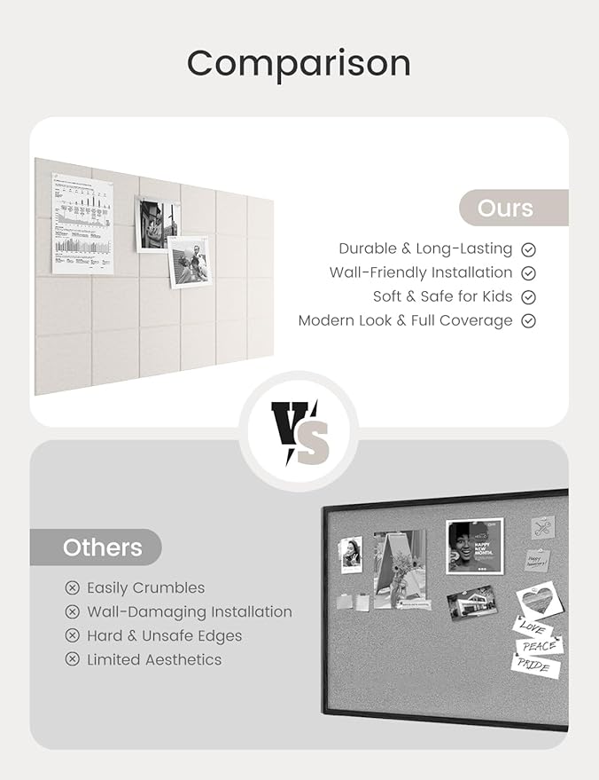 Bumusty Large Cork Board Alternative-36 x24 Felt Bulletin Board Tiles, with 30 Pushpins, 40 Adhesive Tabs, 6-Pack Slat Wall Paneling, Cork Boards for Office Push Pin Board Felt Board-Oatmeal