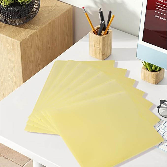 Pastel Plastic File Folders with Pockets and Prongs, 7 Pack, A4 Letter Size, Heavy Duty Waterproof Office Folders with Clear Front Cover for School, Home, and Office (Yellow)