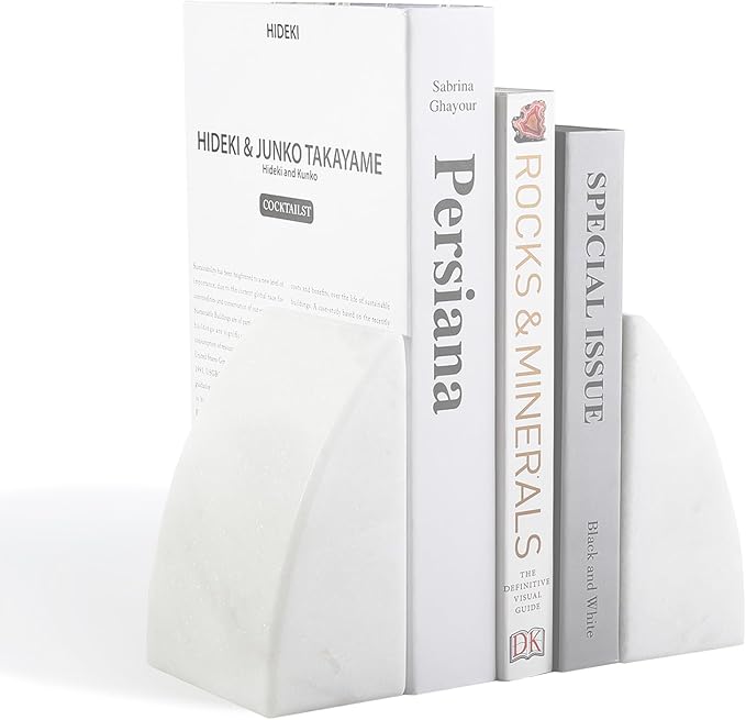 Koville Marble Bookends for Shelves, Large Bookends for Heavy Books, Natural Stone Book Stopper for Books CD Movies, Aesthetic Decorative Book Ends (White)