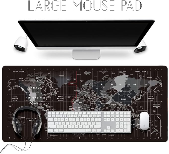 Large Keyboard Gaming Mouse Pad Black World Map Mouse Pad with Anti-Slip Rubber Base, Extended XXL Long Gaming Mousepad Big Mouse Pads for Desk,31.5 X 11.8 Inch