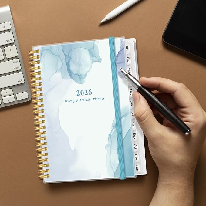 2026 Planner - Planner 2026 from January 2026 - December 2026, Weekly & Monthly Planner Spiral Bound with 12 Monthly Tabs, Inner Pocket, 6.4" x 8.5", Blue Watercolor