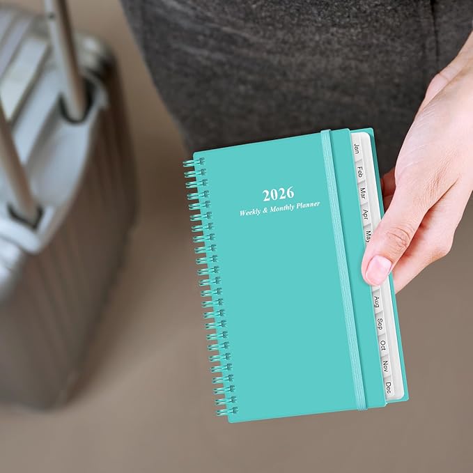 2026 Pocket Planner/Calendar - 2026 Planner from January 2026 - December 2026, Planner 2026 with 12 Tabs, Twin-Wire Binding, Inner Pocket, 3.75" x 6.75, Teal