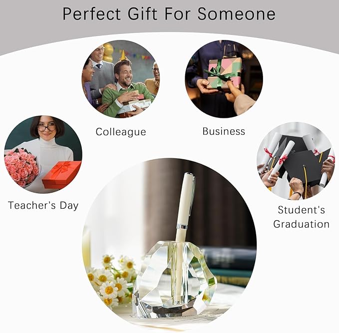 QFkris Crystal Heart Shaped Single Pen Holder for Desk, 3.5" Fancy Fountain Pen Stand, Glass Feather Pencil Holder for Office Desktop Decoration, Gift for Man Woman Students Teachers Father Boyfriend