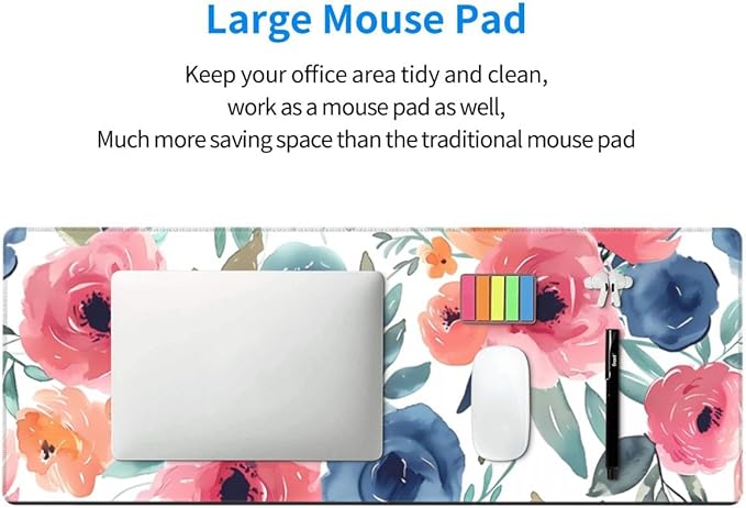Desk Pad,Office Desk Mat 31.5"×11.8" Large Gaming Mouse Pad,Durable Extended Computer Mouse Pad,Waterproof Thick Big Mouse Pads with Non-Slip Rubber Base Office Home Watercolor Floral