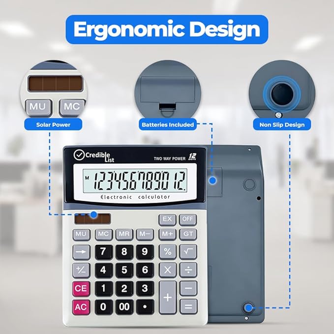Large Calculator with 12 Digit Display, Eye-Angled Screen, Large Buttons and Dual Power Source for Home and Office Use