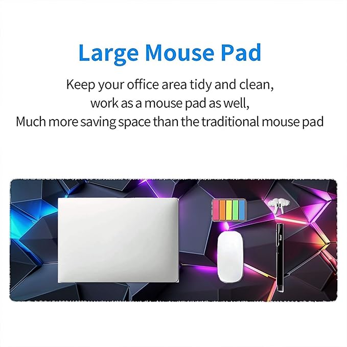 Neon 3D Geometry Desk Pad Mouse Pad Colorful Crack Cool Extended Gaming Mouse Pad Mat with Stitched Edge Non-Slip Base Big Mouse Pad Office Computer Keyboard Laptop Home 31.5"x11.8"