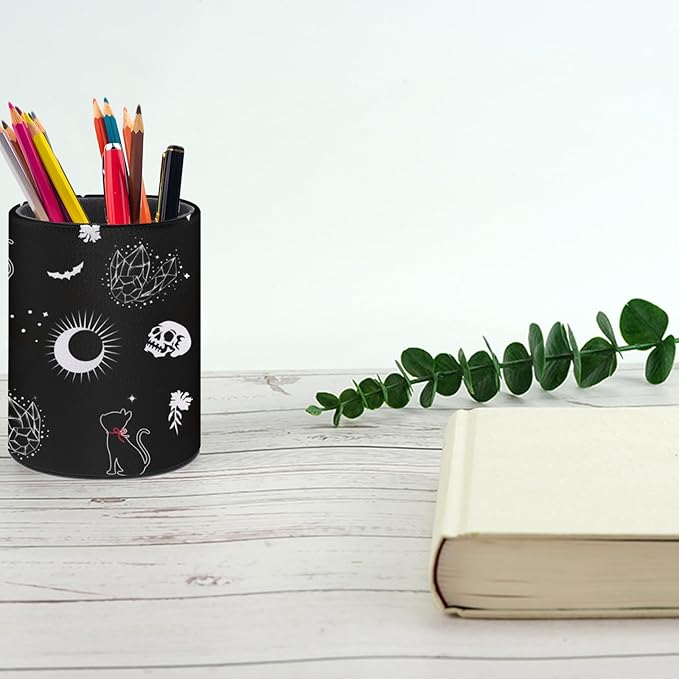 Gothic Skull Cat Moon Pen Holder Pencil Organizer Cute Pencil Cup Desk Decor Makeup Brush Holder PU Multifunctional Office Suppliesfor Home Classroom School