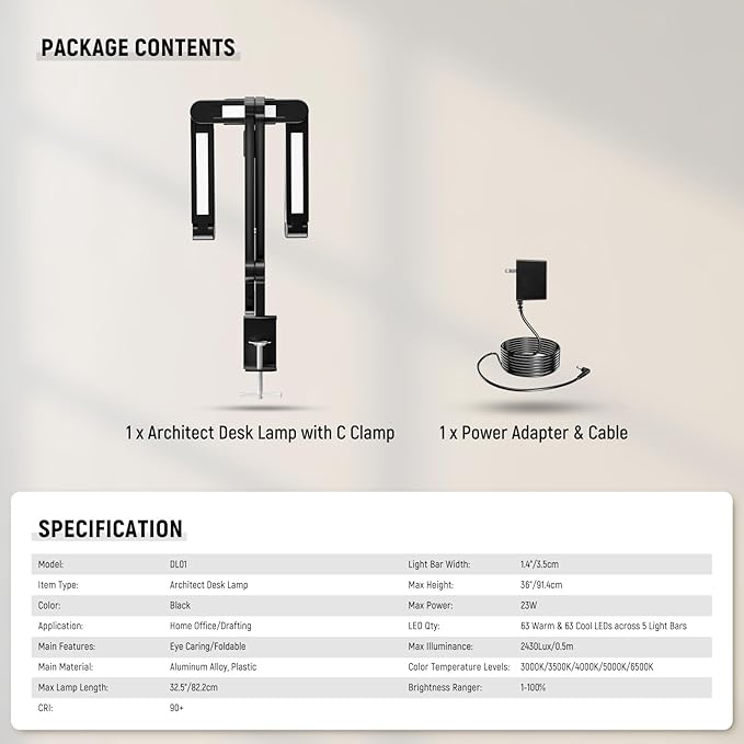 NEEWER BASICS 32.5" Clip On Desk Light for Home Office, 23W LED Dimmable Architect Table Clamp Lamp, 5 Light Bars, Monitor Computer Drafting Video Conference Atmosphere Lighting, 5 Colors CRI90+, DL01