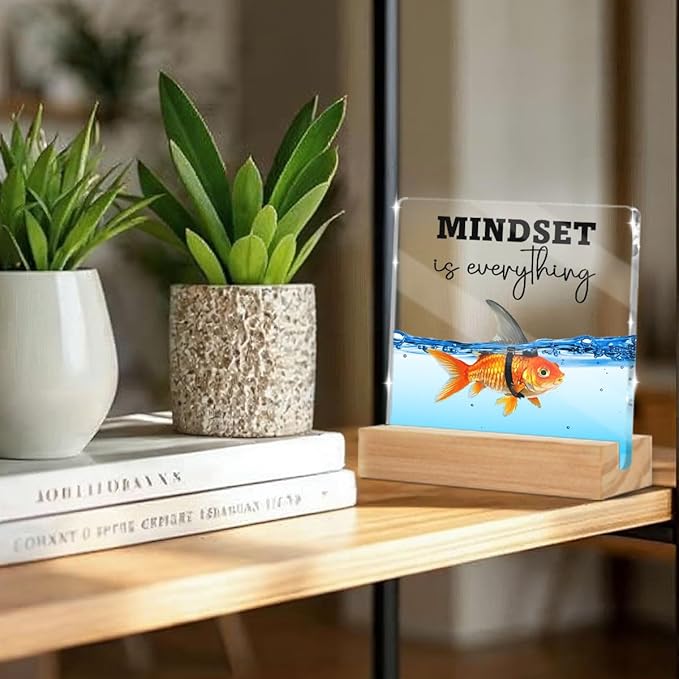 Christmas Thank You Gifts, Mindset is Everything Inspirational Gifts for Women Coworkers Friends, Funny Goldfish Desk Decor Acrylic Sign 4x4 Inch, Positive Affirmations Desk Accessories Signs for Table Top Cubicle Office Decor