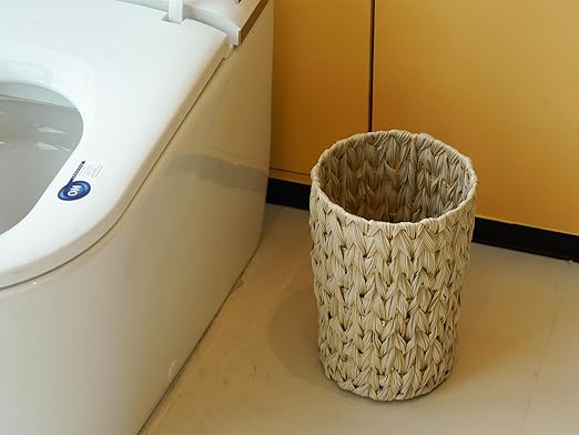 Wicker Trash Can,Bathroom Trash Can,Wicker Waste Basket for Bathroom,Decorative Boho Small Waste Basket for Bedroom,Office,Cream White 2 Gallon