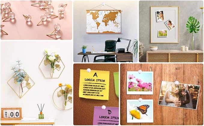 150 Pcs Push Pins, Standard & Transparent Plastic Head Steel Point Thumb Tacks for Wall, Office & Craft Organization (Gold)