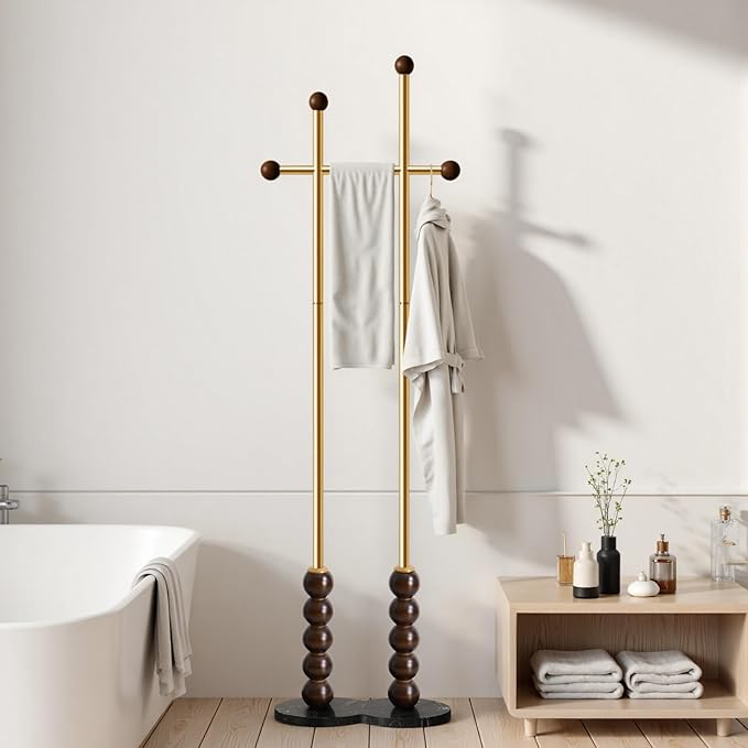 Metal Freestanding Coat Rack with Stainless Steel Double Rods & Marble Base, Hanging Clothes Rack for Entryway, Hallway, Bedroom, Living Room, Gold