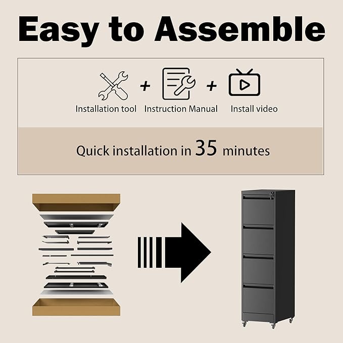 File Cabinet with Lock, 4 Drawers Filing Cabient with Wheel, Steel Vertical Filing Storage Cabinet for Home Office, Heavy-Duty File Cabinets for Letters/Legal/A4 (Require Assembly, Black)