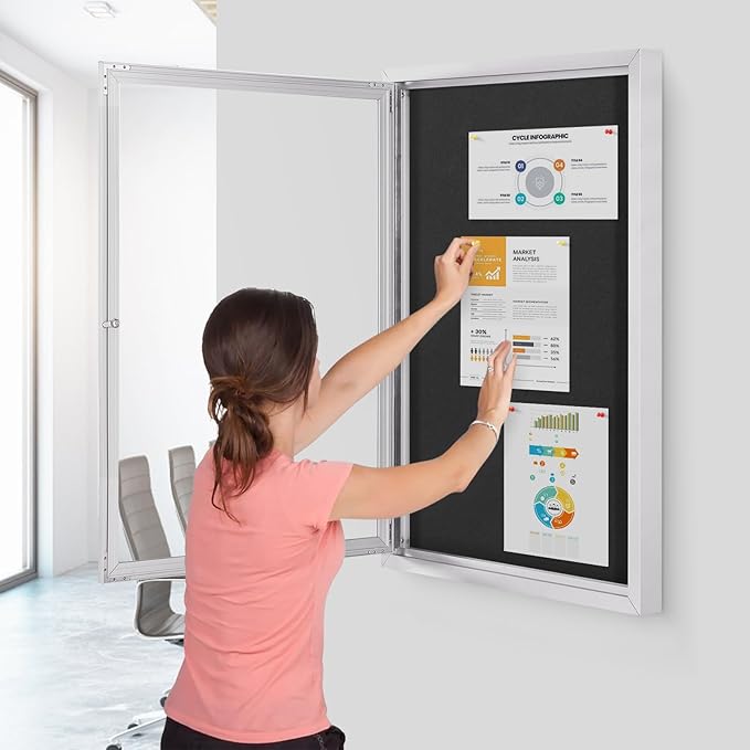 SWANCROWN Outdoor Bulletin Board Weatherproof 36x24in, Enclosed Bulletin Board with Locking Door Wall Display Case for Office School Commerce Show, Black Felt, Sliver Aluminum Frame