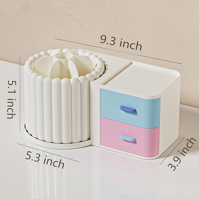 Anyoifax 360 Rotating Makeup Brush Holder 7 Slots Makeup Organizer with Drawer Removable Spinning Cosmetic Storage Pen Holder for Vanity, Dresser, Desk, Colorful