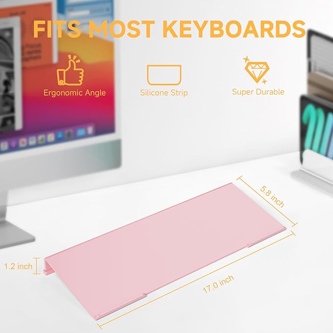 Ergonomic Computer Keyboard Stand - 17 Inch Pink Acrylic Keyboard Riser for Desk Tilted Keyboard Holder Tray with Non-Slip Strip for Home Office Easy Typing & Working