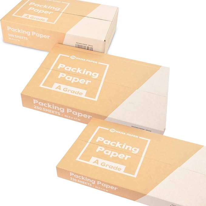 HANA PAPER 30.5" x 17" Large size (250 sheets, 9.5lb) Packing Paper Sheets for Moving, A grade of Newsprint paper for wrapping, storage, shipping. Box packaged. Ideal for wrap dish, glassware.