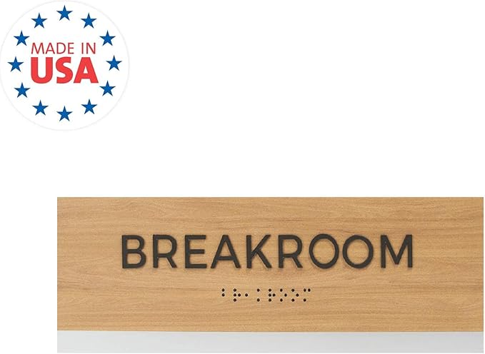 Breakroom Sign With Braille/Small Business Easy Adhesive Mount Door And Wall Sign / 3" x 9" Oak Woodgrain Design