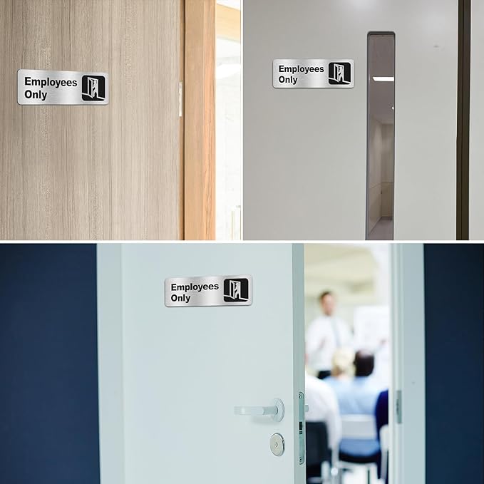 Faittoo Employees Only Sign, (4 Pack) 9 X 3 Inches Informative Rust Free Brushed Aluminum Sign with Symbols, Fade Resistant, Use for Door of Office/Business, Easy to Install