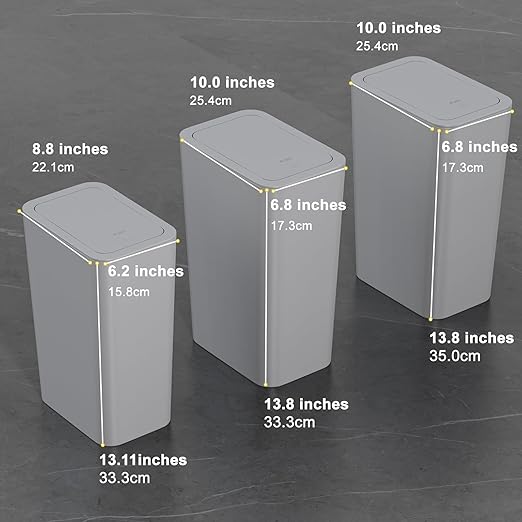 N. NETDOT Bathroom Trash Can with Lid 3 Pack Set, 2 Packs 4 Gal Slim Kitchen Trash Can and 1 Pack 2.6Gal Garbage Can, Small Trash Bin/Waste Basket for Bedroom (Grey, Pack of 3)
