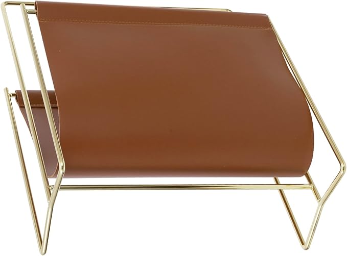 MyGift 13 inch Modern Caramel Leatherette Magazine Holder Floor Standing Sling Style Rack with Brass Tone Metal Frame