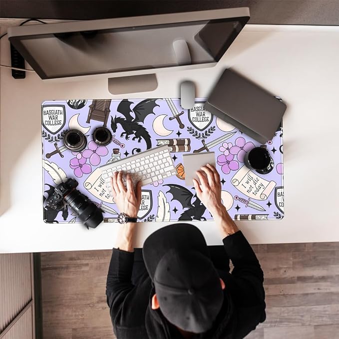 Cute Desk Pad Kawaii Black Loong Mouse Pad Purple Magic Desk Keyboard Pad, Large Gaming Mouse Pad for Desk Decor Computer Desk Home Office Decor for Girl with Stitched Eges Protector Mat 31.5x15.7 in