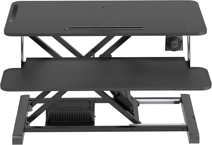 Rocelco 37.4" Electric Standing Desk Converter with Anti-Fatigue Floor Mat - AC USB Charger - Motorized Adjustable Sit Stand Up Computer Workstation Riser - Large Keyboard Tray - Black (R EDRB-MAFM)