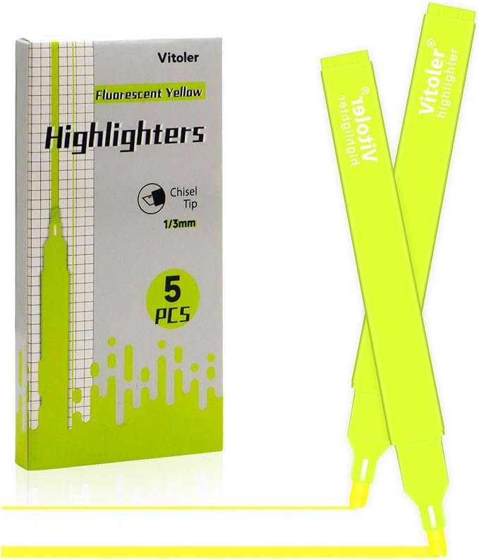 Vitoler Yellow Highlighter,5pcs Fluorescent Yellow Highlighter Chisel Tip,Cute Highlighters for School, Home, Office