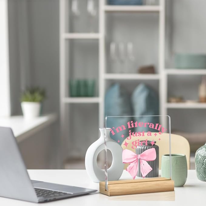 Pink Bow Decor Preppy Coquette Gifts Pink Girl Room Decor Bow Sign Acrylic Sign Plaque Table Decorations for Home Farmhouse Bedroom