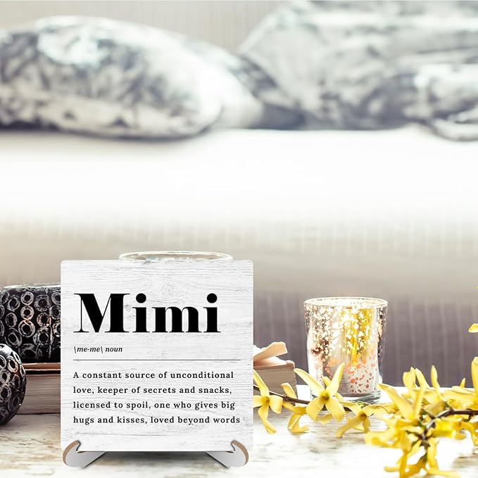 Mimi Definition Wood Sign Desk Decor Funny Grandma Gifts Rustic Office Cubicle Decor Plaque with Wooden Stand Farmhouse Positive Office Desk Accessories for Home Table Shelf Centerpieces Mothers Day