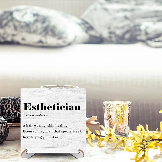 Esthetician Definition Wood Sign Desk Decor Rustic Esthetician Supplies Office Cubicle Decor Plaque with Wooden Stand Farmhouse Beauty Salon Desk Accessories for Home Table Shelf Centerpieces