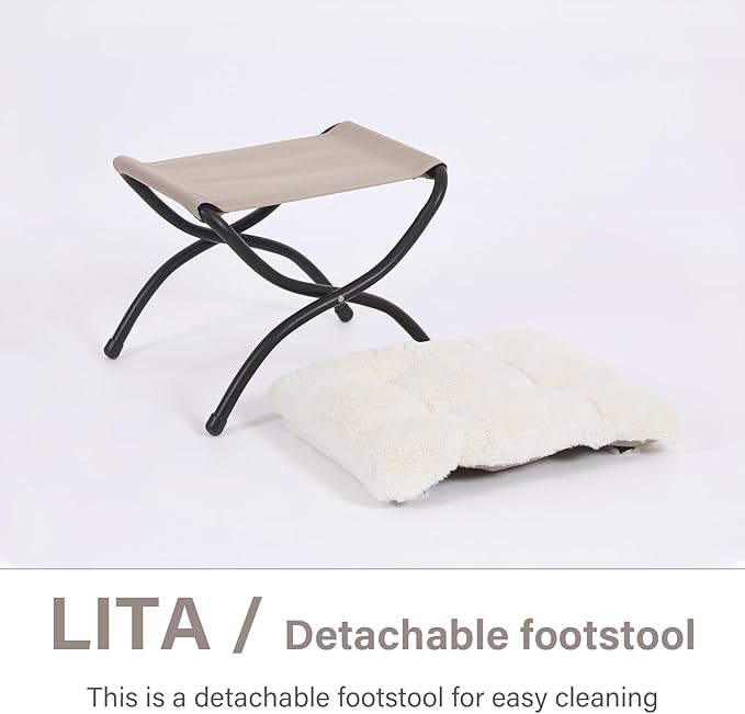 LITA Folding Upholstered Footrest Stool, Modern Small Portable Accent Ottoman with Detachable Thick Cotton Cushion Padded Sofa Stool with Metal Frame for Lazy Chair, Living Room & Bedroom, Plush Beige