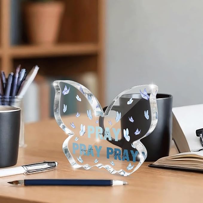 Blue Religious Plaques Christian Woman Decor Gifts, Blue Christian Gifts for Women, Modern Home Office Room Bathroom Bedroom Desk Accessory -Pray On It Pray Over It -Bible Verse Sign(Butterfly)