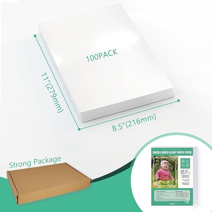 Double Sided Glossy Photo Paper for Inkjet Printer 8.5x11, Thick Glossy Paper for Cardstock 61lb, 100 Sheets